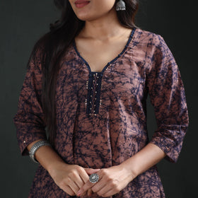 Brown - sequin work hand batik print cotton short kurta