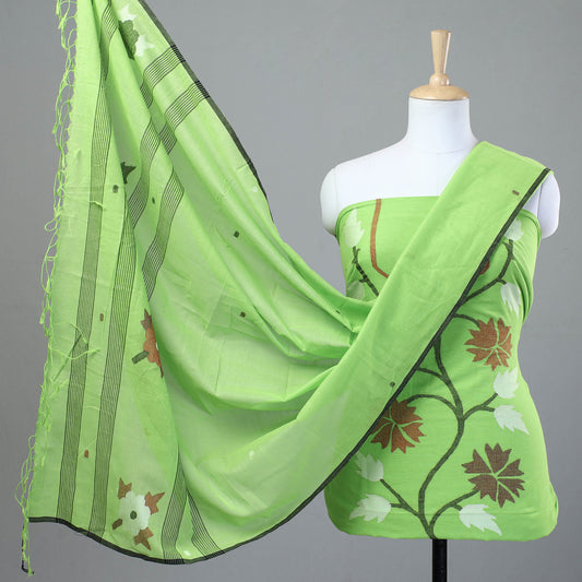 Green - 2pc Phulia Jamdani Weave Handloom Cotton Suit Material Set
