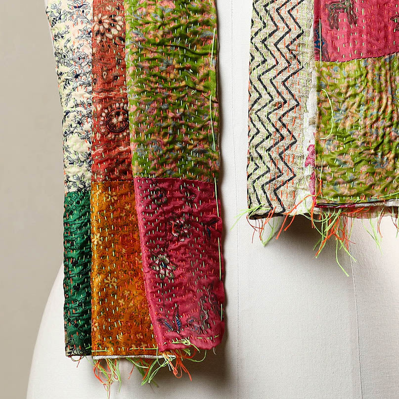 Multicolor - Reversible Patchwork Silk Bengal Kantha Stitch Stole 55