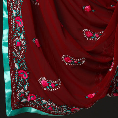 Maroon - 3pc Phulkari Embroidery Chapa Work Georgette Suit Material Set 53