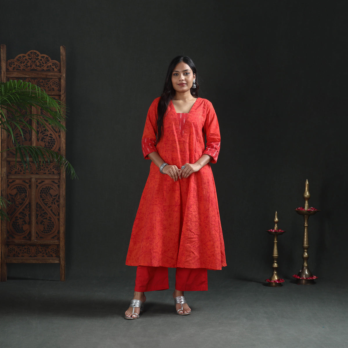 Red - hand batik print cotton a-line long kurta for women