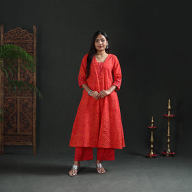 Red - hand batik print cotton a-line long kurta for women