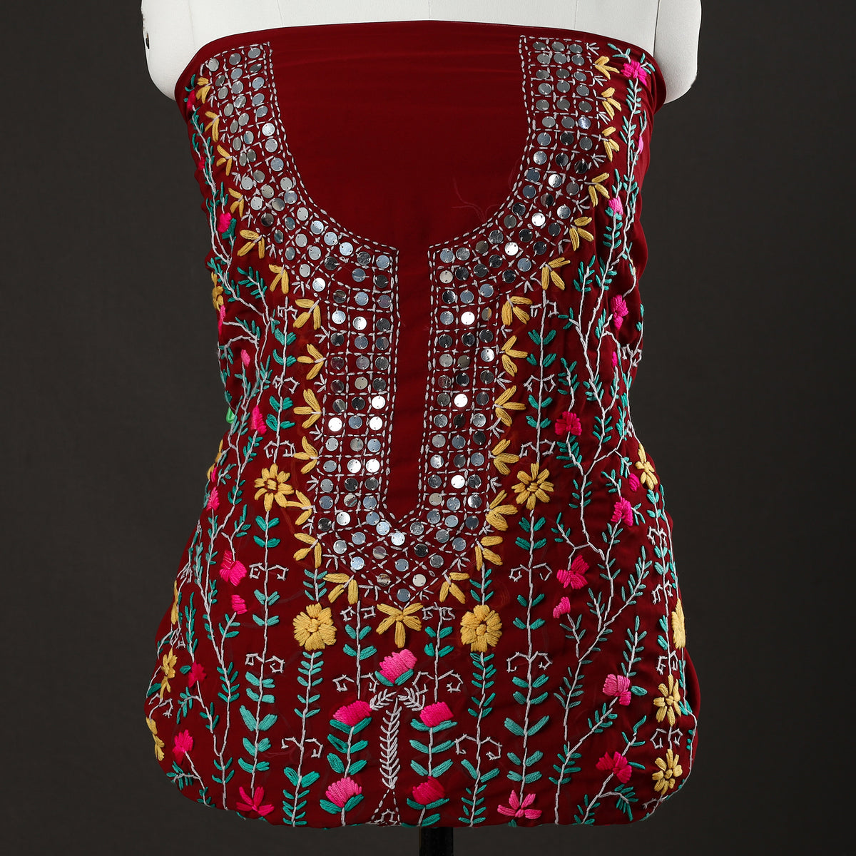 Maroon - 3pc Phulkari Embroidery Chapa Work Georgette Suit Material Set 55
