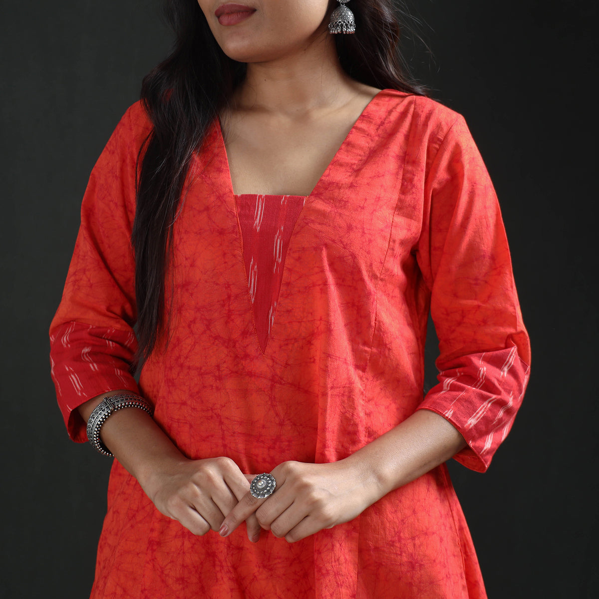 Red - hand batik print cotton a-line long kurta for women