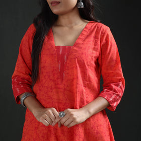 Red - hand batik print cotton a-line long kurta for women