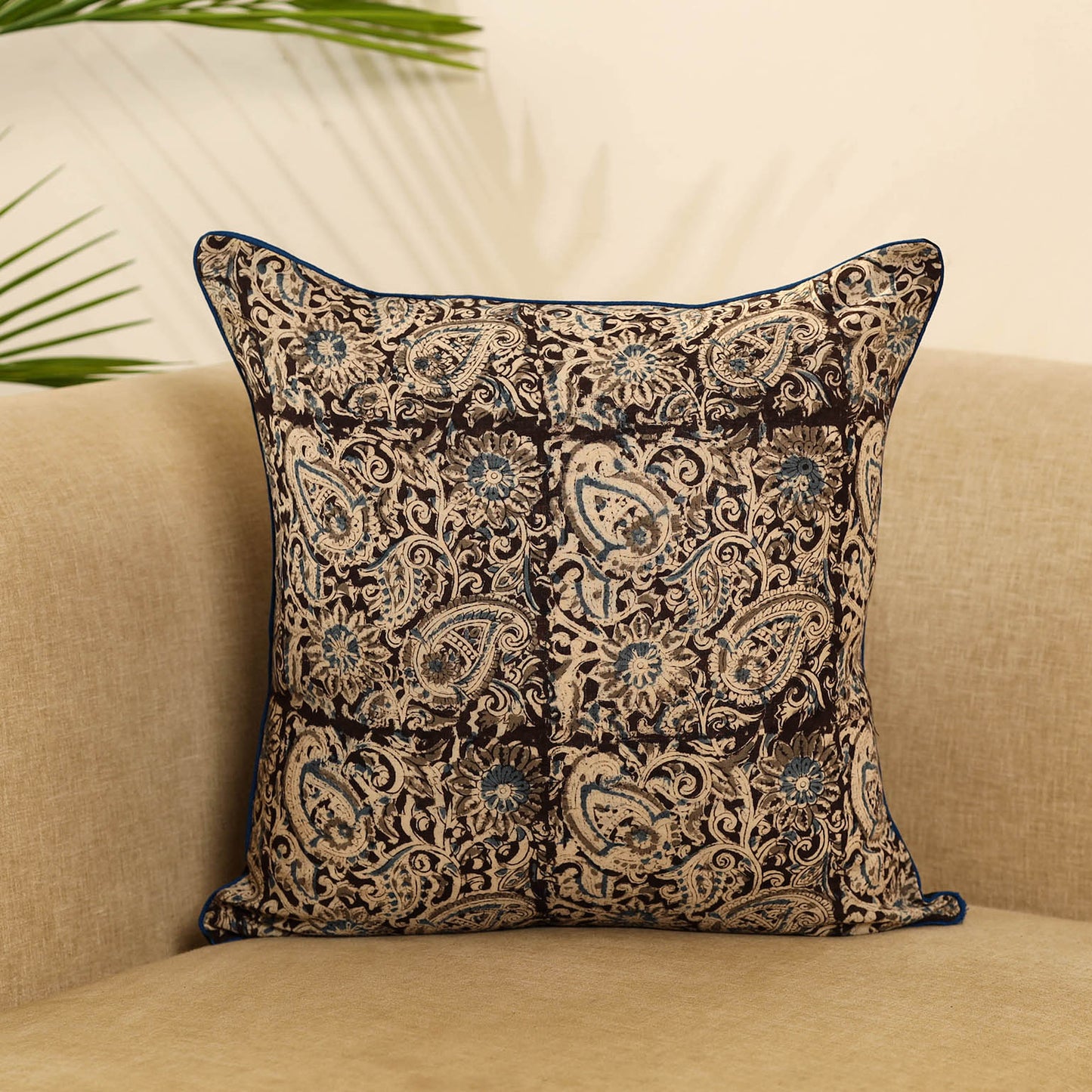 Brown Block Print Cotton Kalamkari Cushion Cover