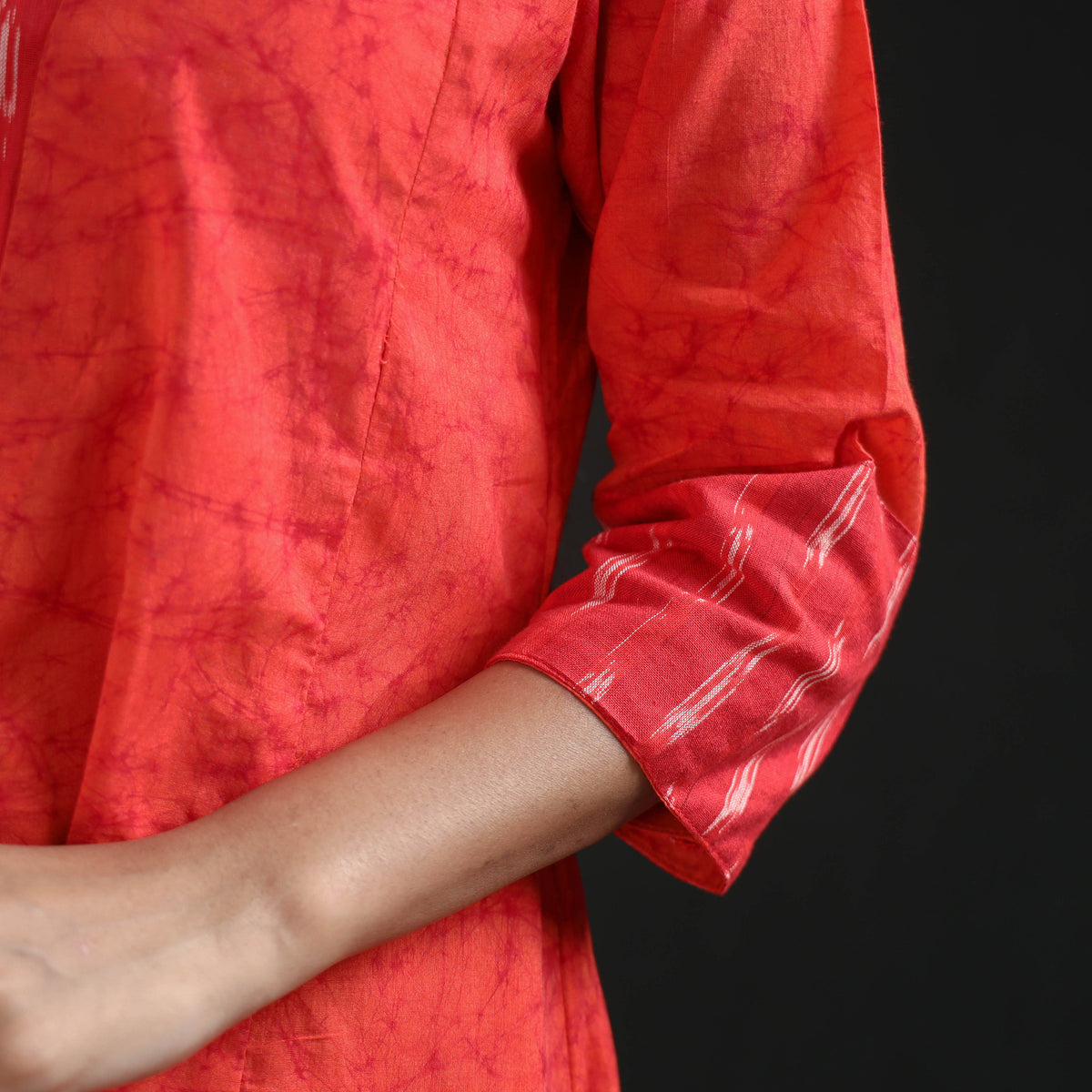 Red - hand batik print cotton a-line long kurta for women