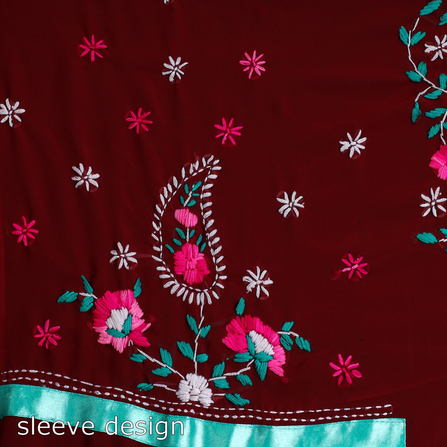 Maroon - 3pc Phulkari Embroidery Chapa Work Georgette Suit Material Set 53
