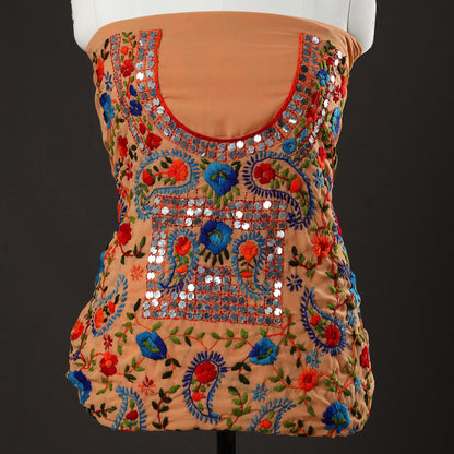 Brown - 3pc Phulkari Embroidery Chapa Work Georgette Suit Material Set 56