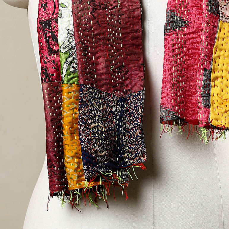 Multicolor - Reversible Patchwork Silk Bengal Kantha Stitch Stole 63