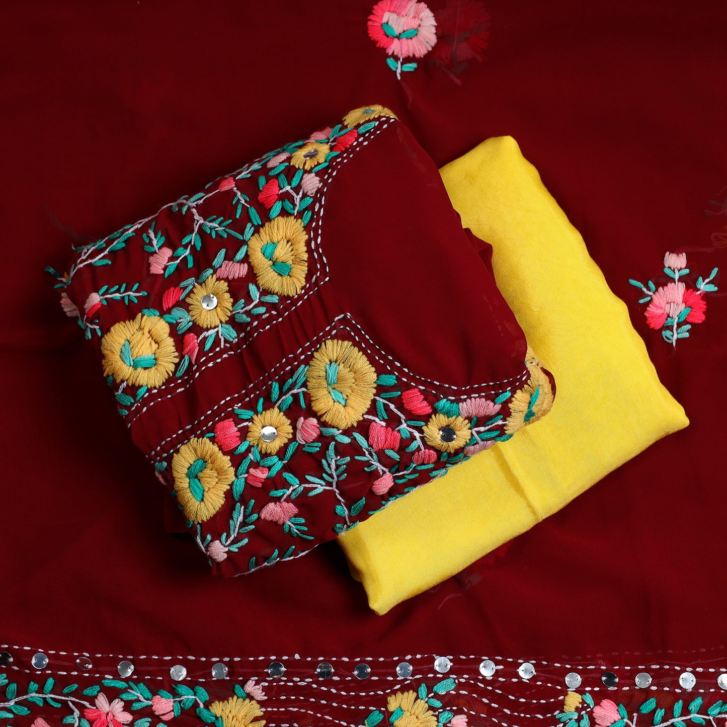 Maroon - 3pc Phulkari Embroidery Chapa Work Georgette Suit Material Set 54