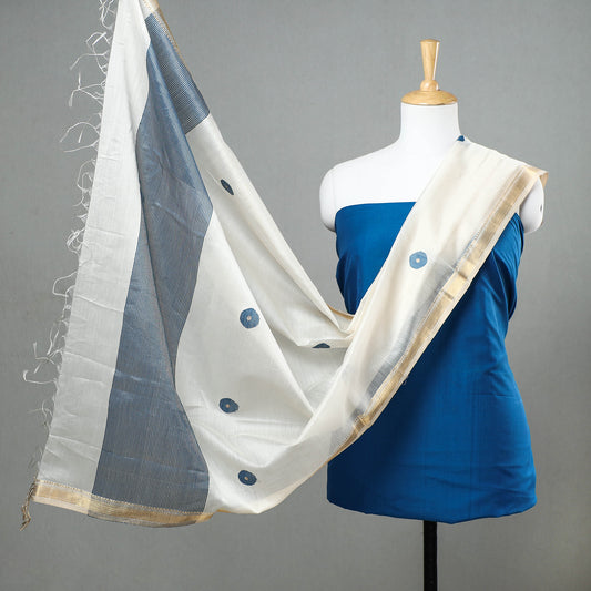 Blue - Original Maheshwari Silk Pure Handloom 2pc Suit Material Set