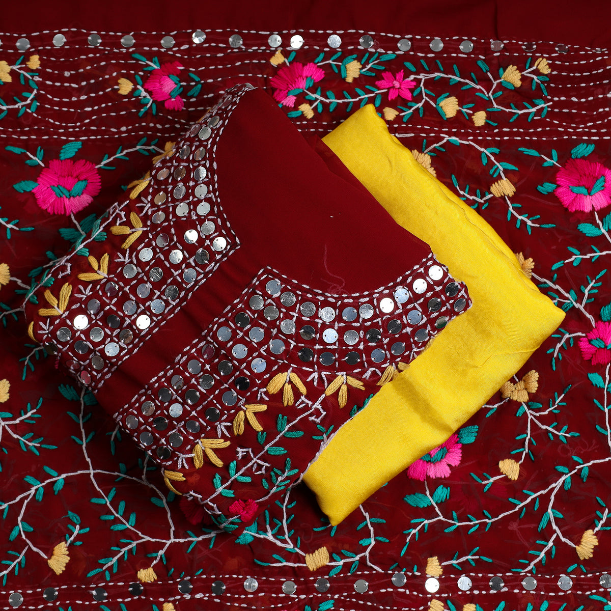 Maroon - 3pc Phulkari Embroidery Chapa Work Georgette Suit Material Set 55