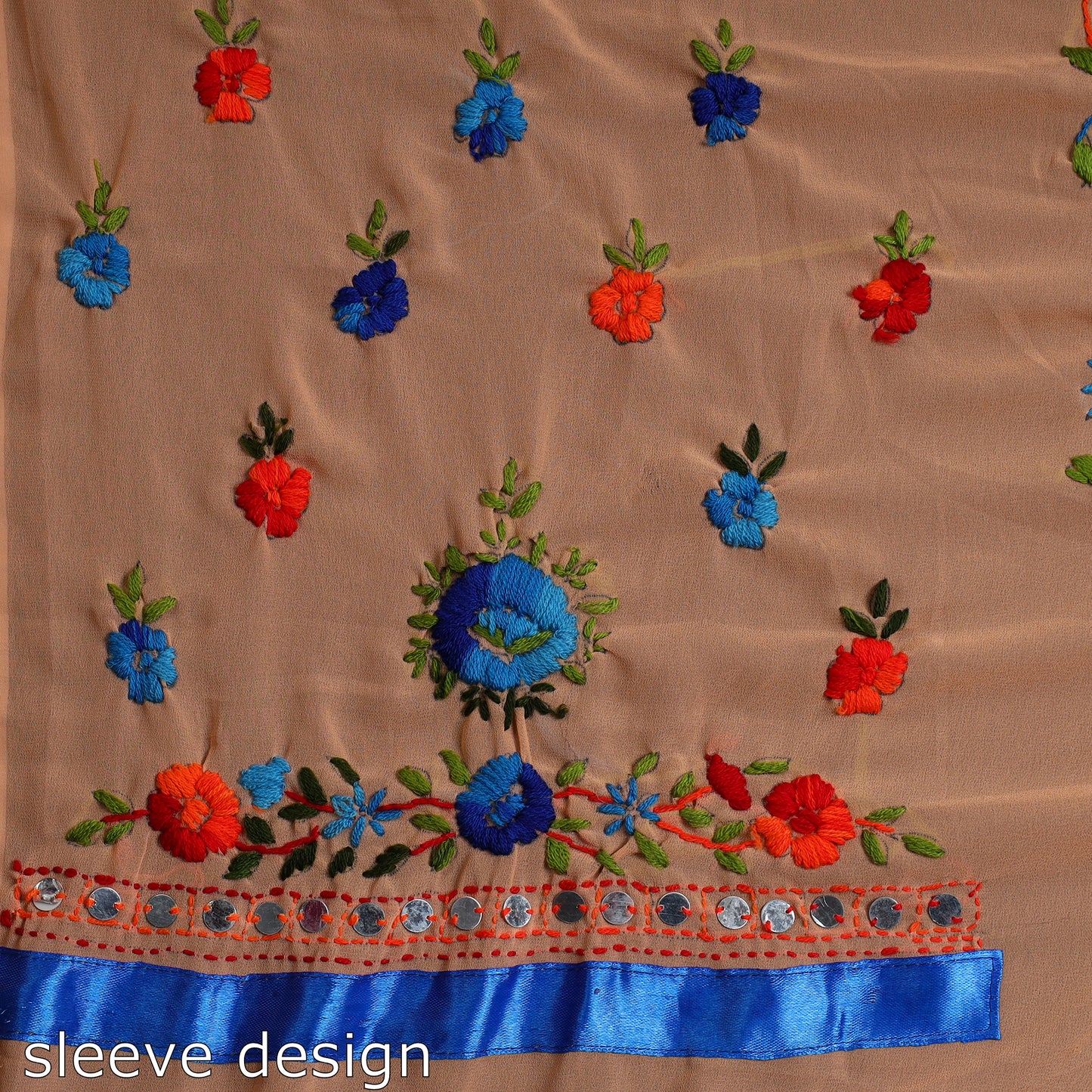 Brown - 3pc Phulkari Embroidery Chapa Work Georgette Suit Material Set 56
