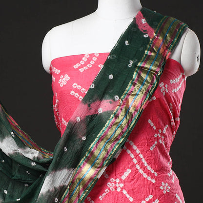Pink - 3pc Kutch Bandhani Tie-Dye Satin Cotton Suit Material Set