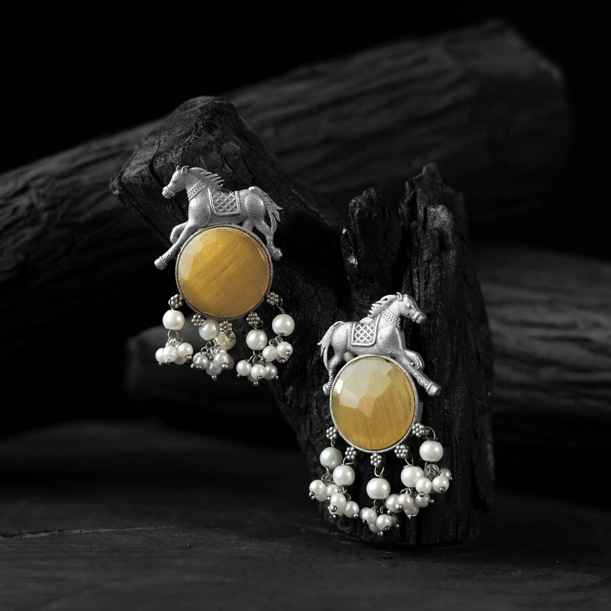 Yellow - saanjh bela horse motif oxidised earrings