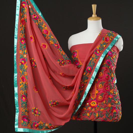 3pc Phulkari Embroidery Chapa Work Georgette Suit Material Set 57