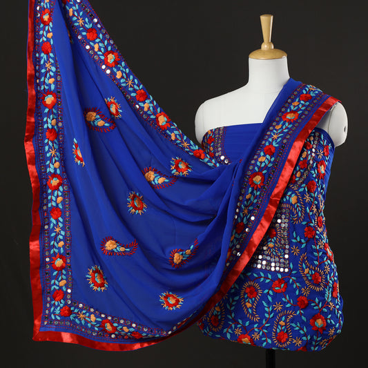 Blue - 3pc Phulkari Embroidery Chapa Work Georgette Suit Material Set 58