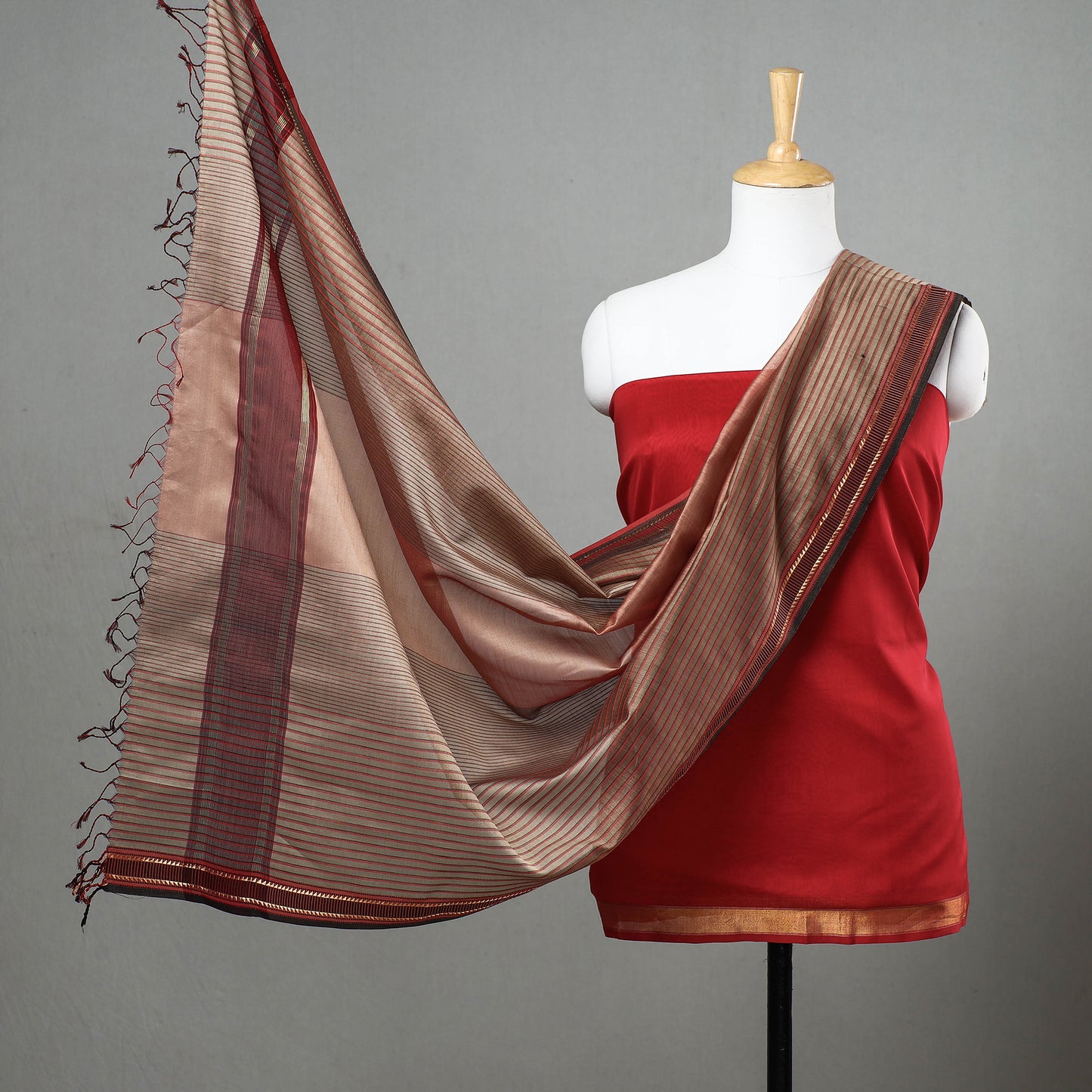 Red - Original Maheshwari Silk Pure Handloom 2pc Suit Material Set