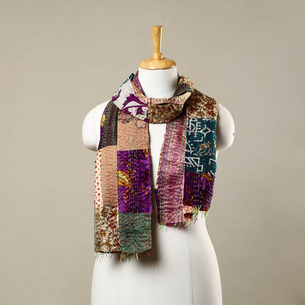 Multicolor - Reversible Patchwork Silk Bengal Kantha Stitch Stole 74