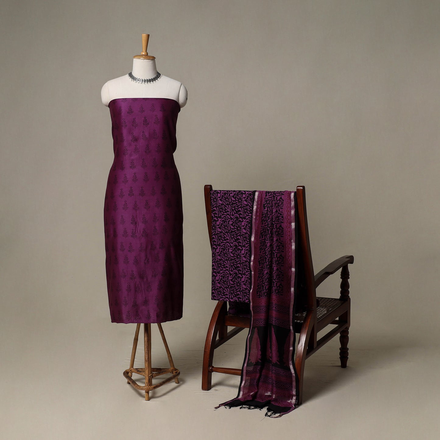 Bagh Hand Block Print Natural Dyed Chanderi Silk 3pc Unstitched Dress Material Suit Set 15