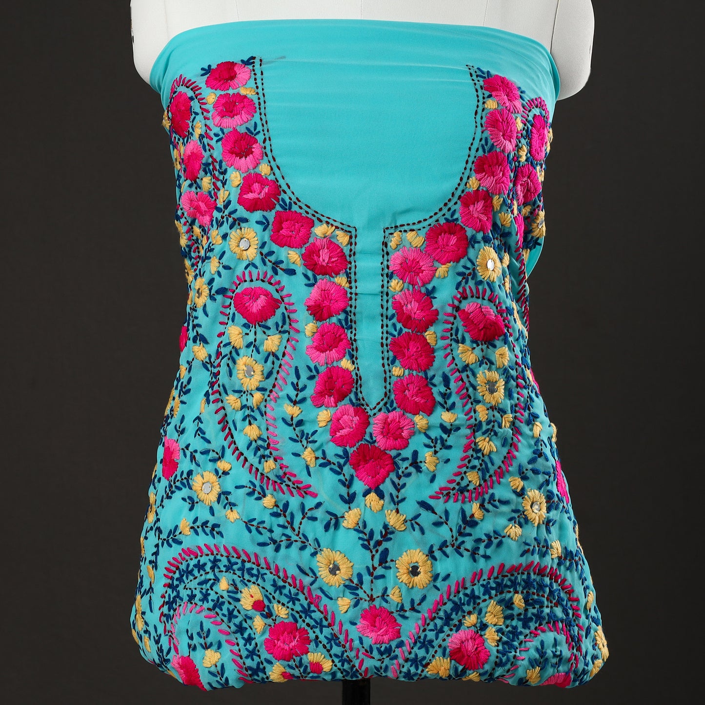 Blue - 3pc Phulkari Embroidery Chapa Work Georgette Suit Material Set 59