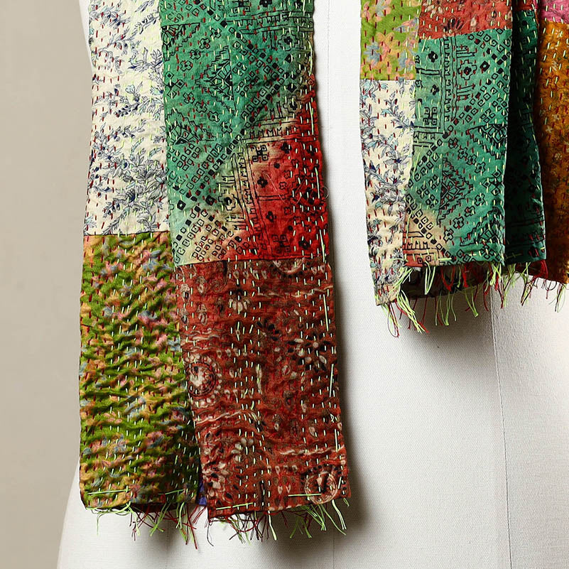 Multicolor - Reversible Patchwork Silk Bengal Kantha Stitch Stole 77