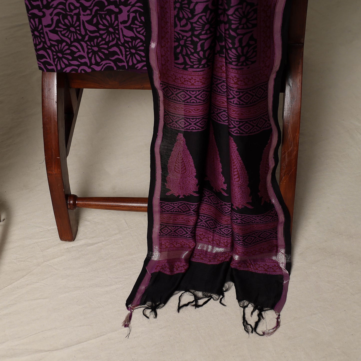 Bagh Hand Block Print Natural Dyed Chanderi Silk 3pc Unstitched Dress Material Suit Set 15