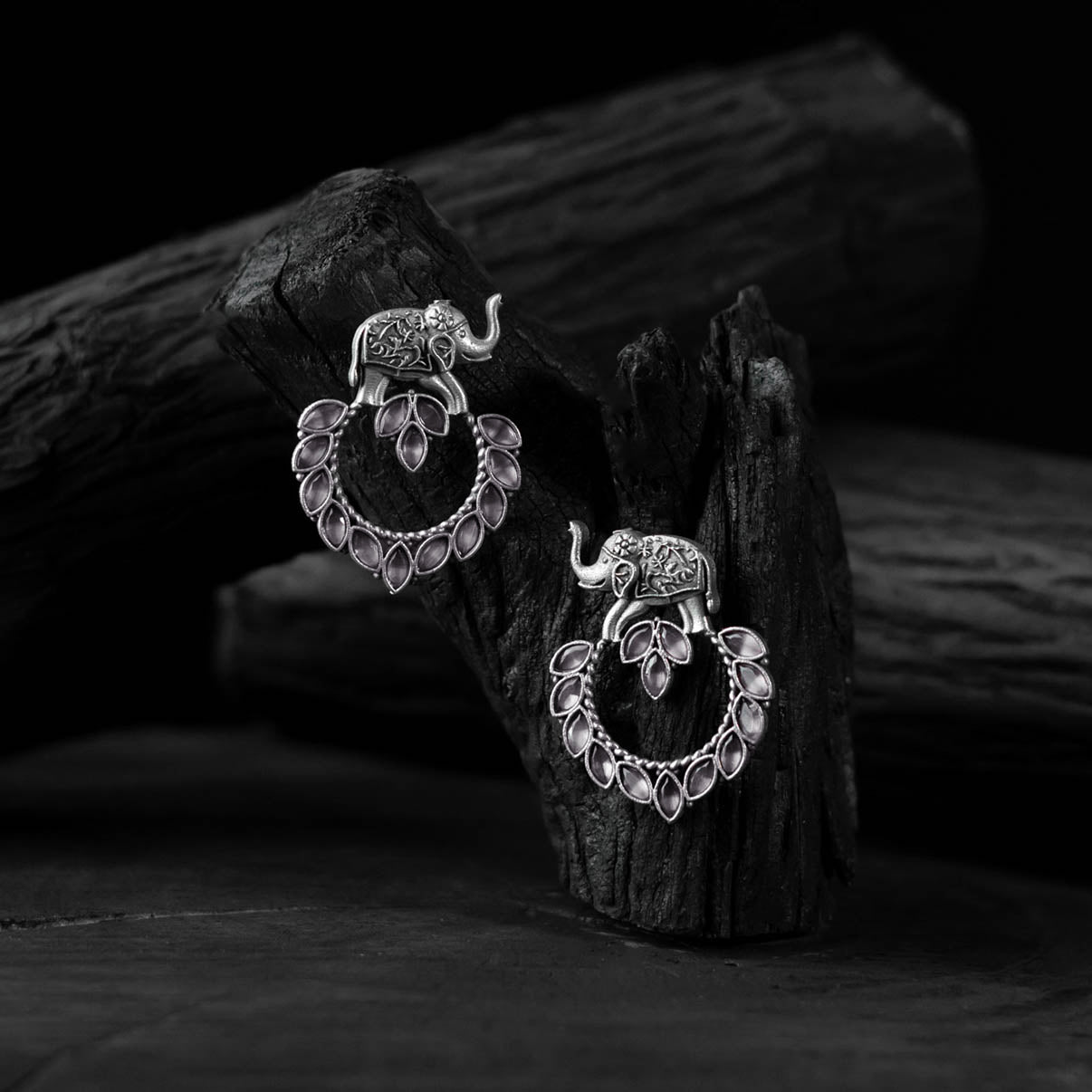 White - saanjh bela elephant oxidised earrings - handcrafted