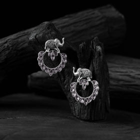 White - saanjh bela elephant oxidised earrings - handcrafted