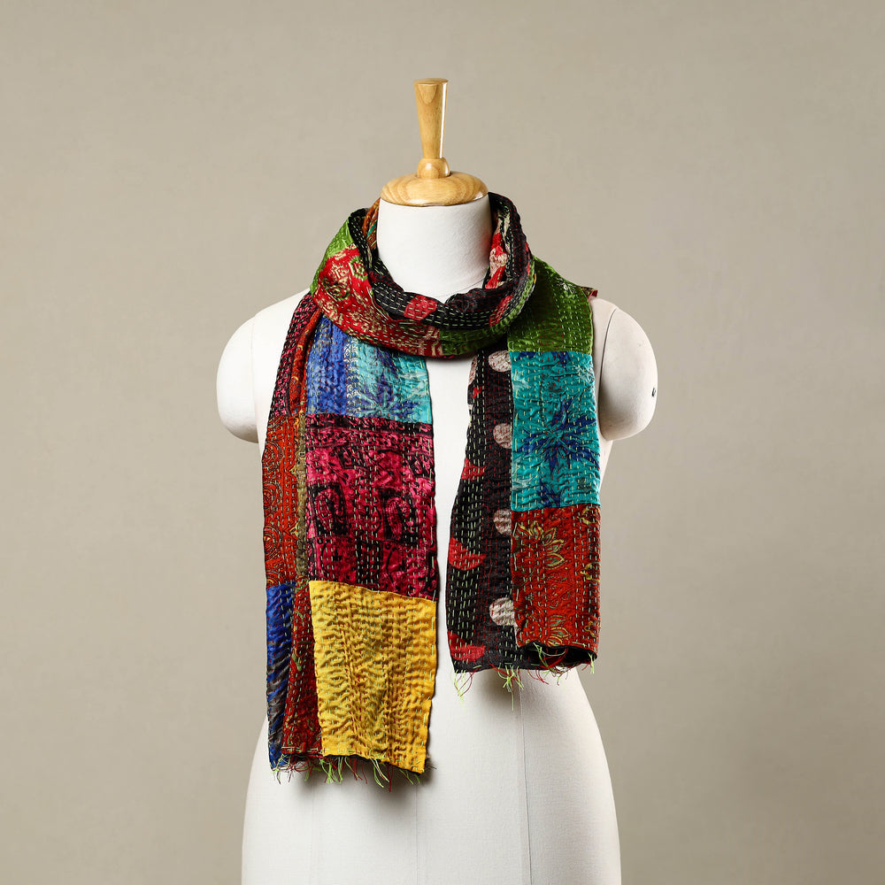 Multicolor - Reversible Patchwork Silk Bengal Kantha Stitch Stole 79