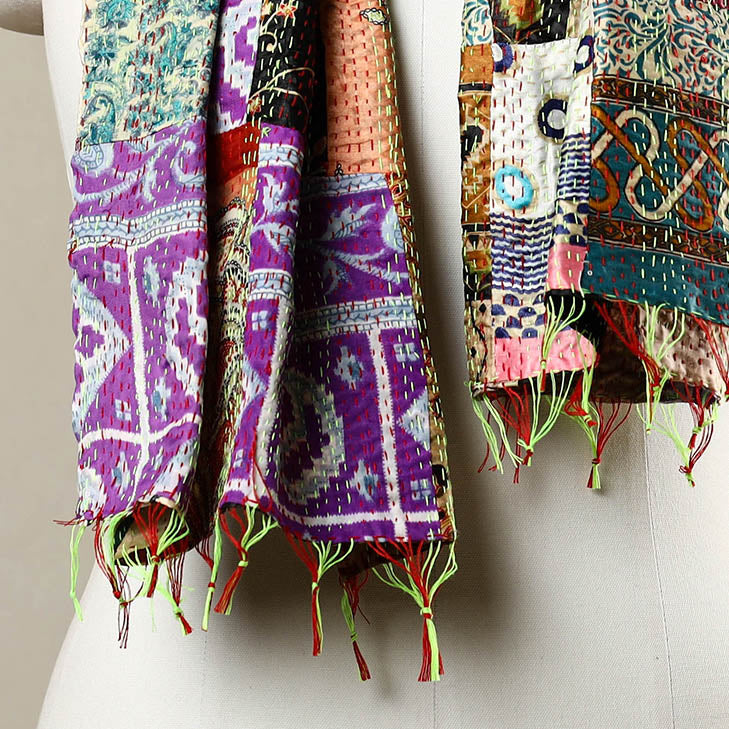 Multicolor - Reversible Patchwork Silk Bengal Kantha Stitch Stole 81