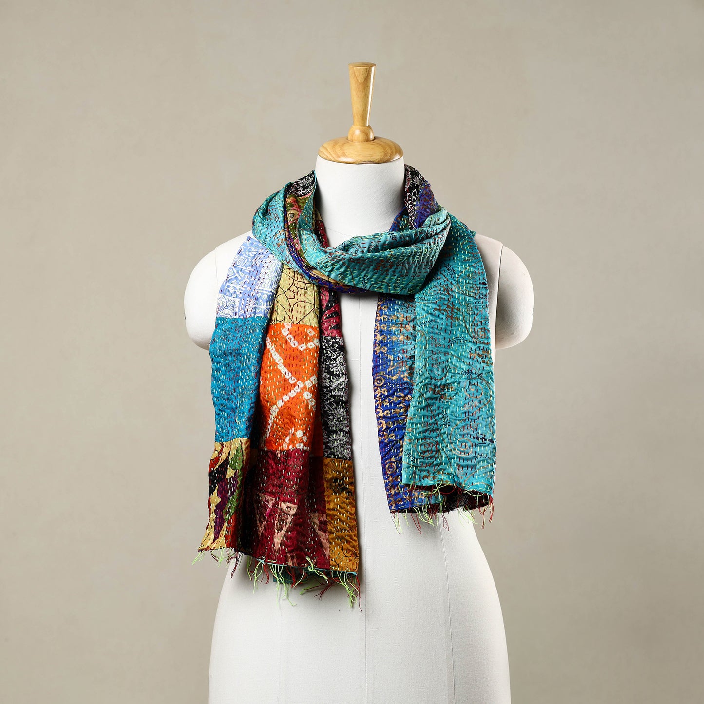 Multicolor - Reversible Patchwork Silk Bengal Kantha Stitch Stole 85