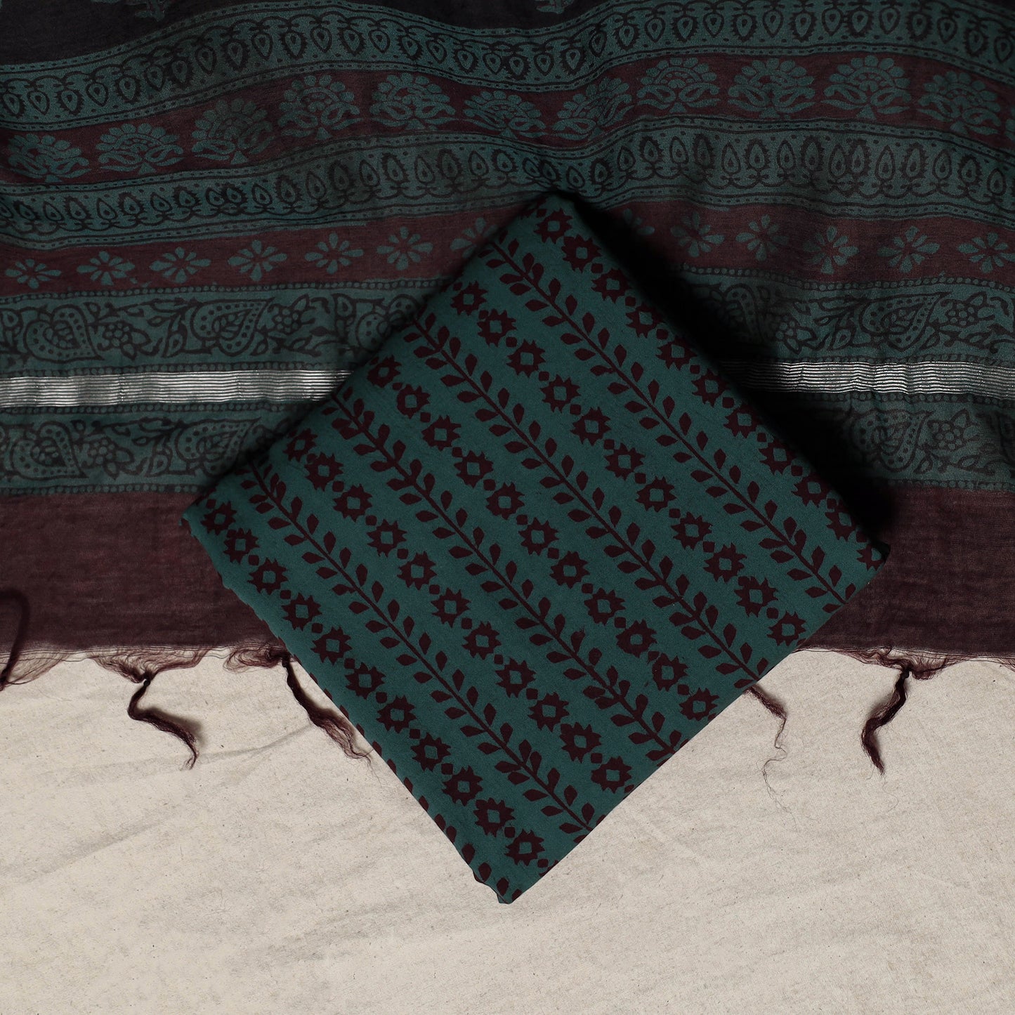 Bagh Hand Block Print Natural Dyed Chanderi Silk 3pc Unstitched Dress Material Suit Set 14