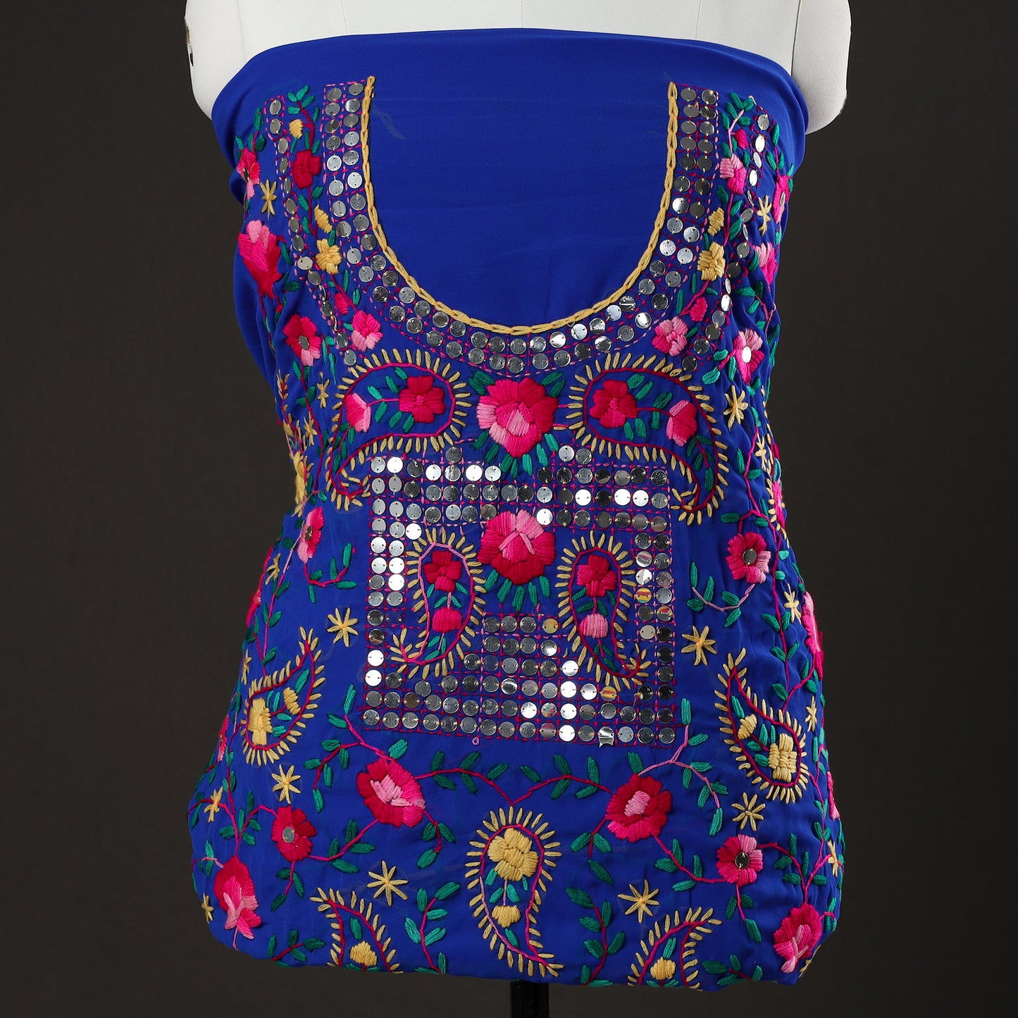 Blue - 3pc Phulkari Embroidery Chapa Work Georgette Suit Material Set 64