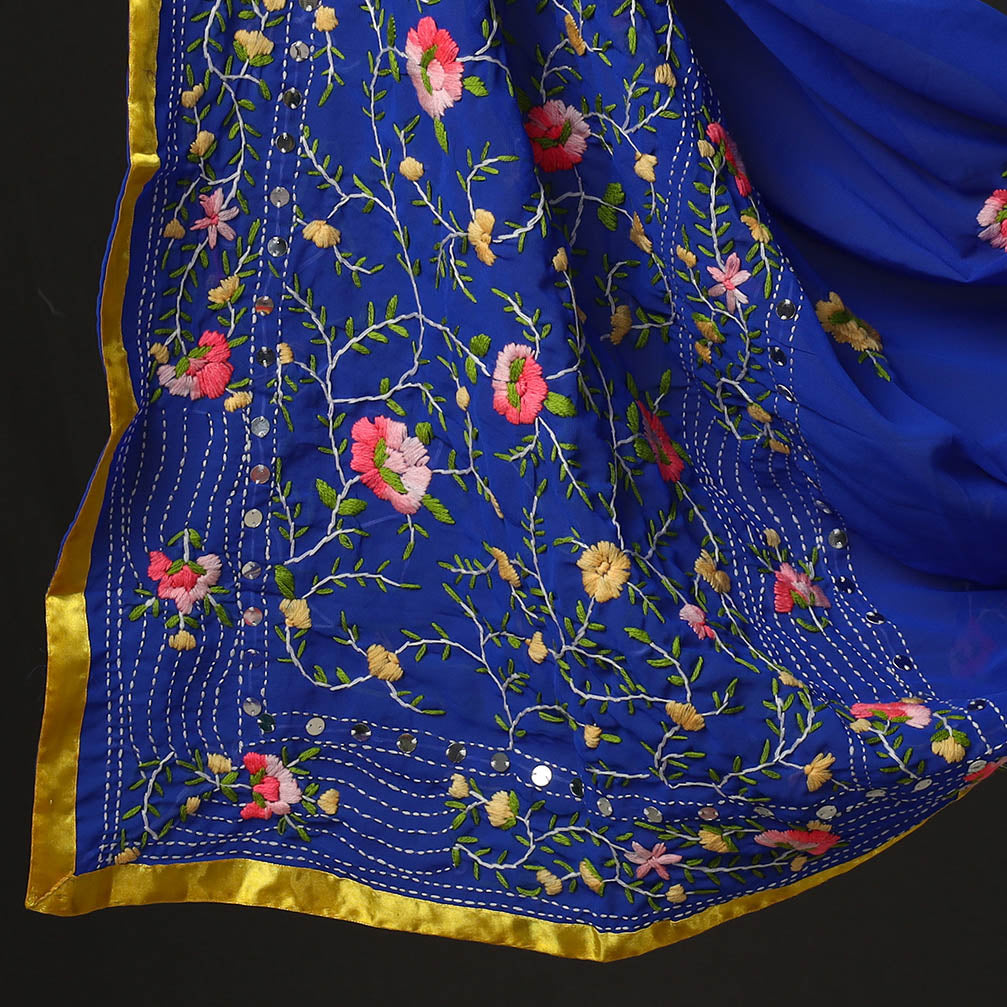 Blue - 3pc Phulkari Embroidery Chapa Work Georgette Suit Material Set 66