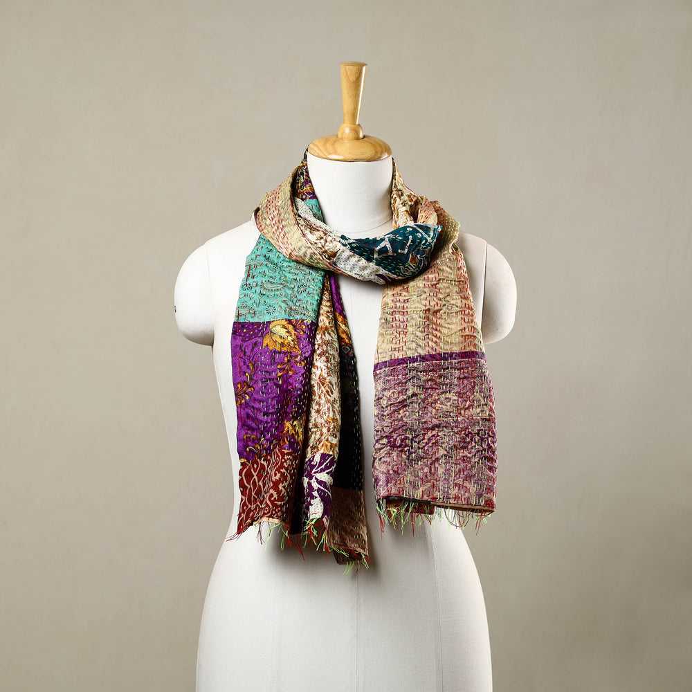 Multicolor - Reversible Patchwork Silk Bengal Kantha Stitch Stole 94