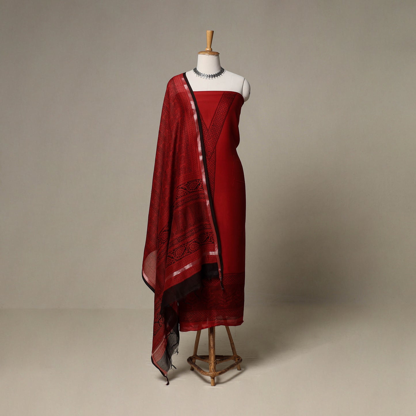 Bagh Hand Block Print Natural Dyed Chanderi Silk 3pc Unstitched Dress Material Suit Set 13