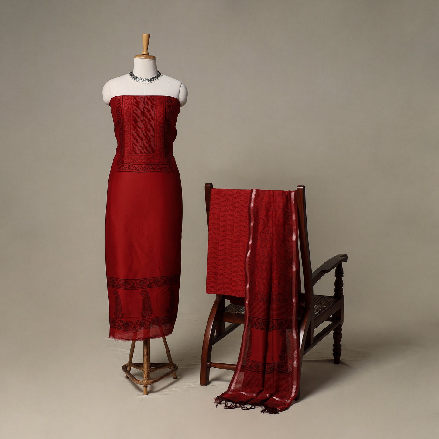 Bagh Hand Block Print Natural Dyed Chanderi Silk 3pc Unstitched Dress Material Suit Set 12