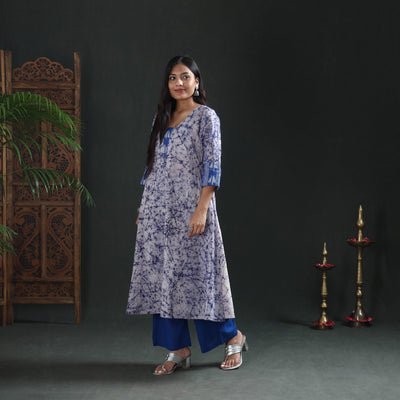 Blue - hand batik print cotton a-line long kurta for women