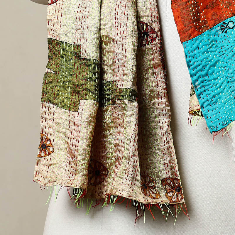 Multicolor - Reversible Patchwork Silk Bengal Kantha Stitch Stole 97