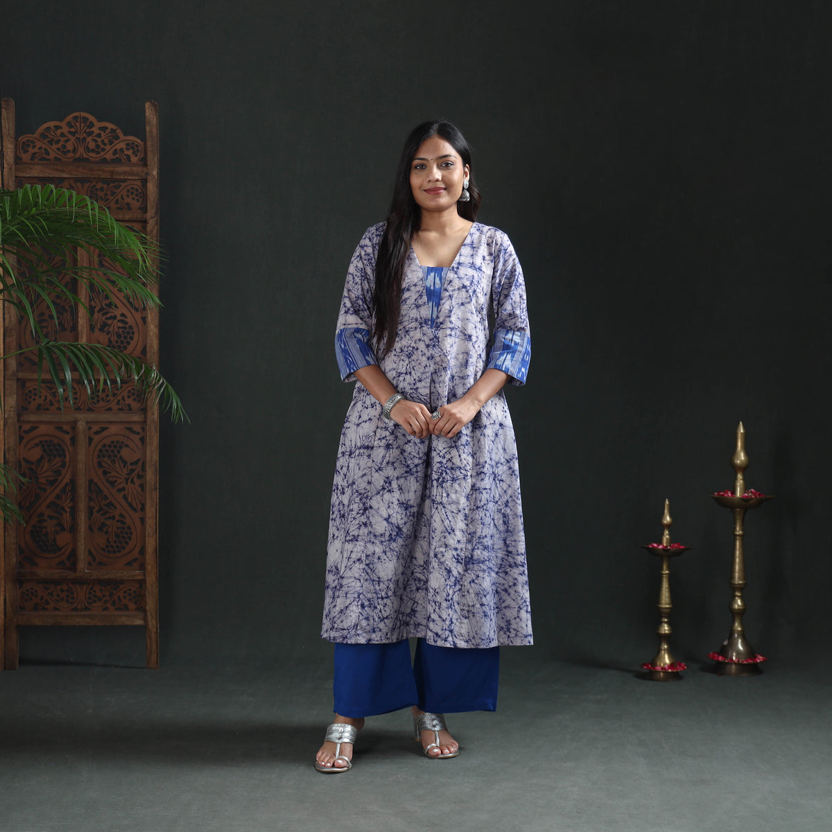 Blue - hand batik print cotton a-line long kurta for women