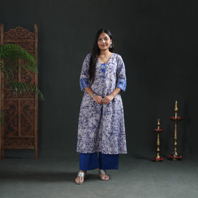 Blue - hand batik print cotton a-line long kurta for women