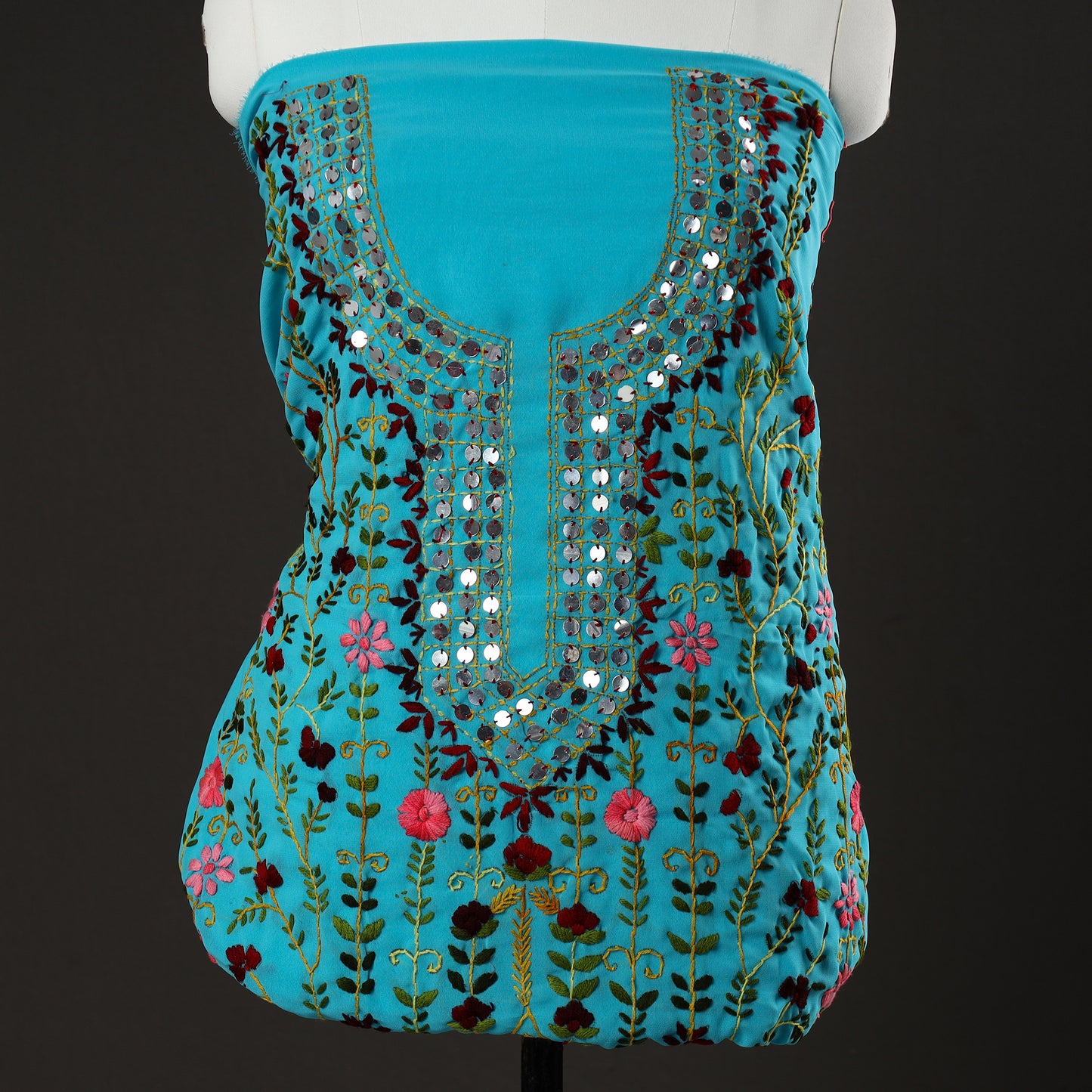 Blue - 3pc Phulkari Embroidery Chapa Work Georgette Suit Material Set 67