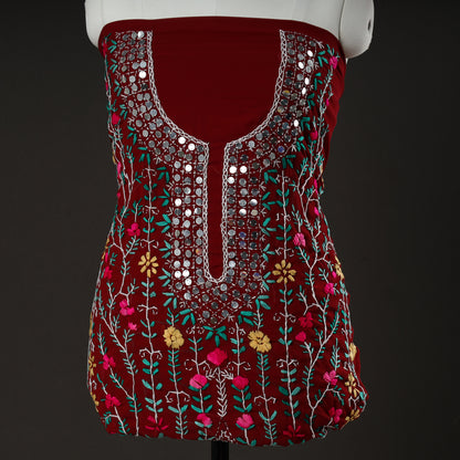 Maroon - 3pc Phulkari Embroidery Chapa Work Georgette Suit Material Set 68
