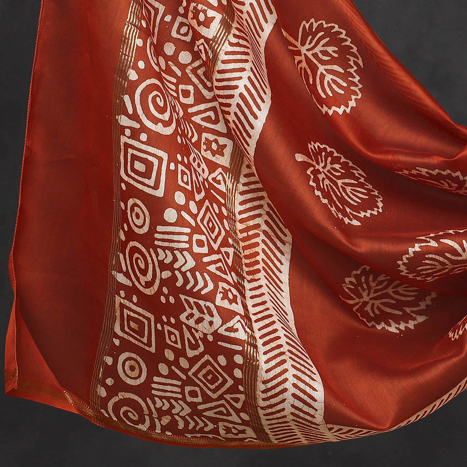 Orange - 3pc Hand Batik Printed Chanderi Silk Suit Material Set