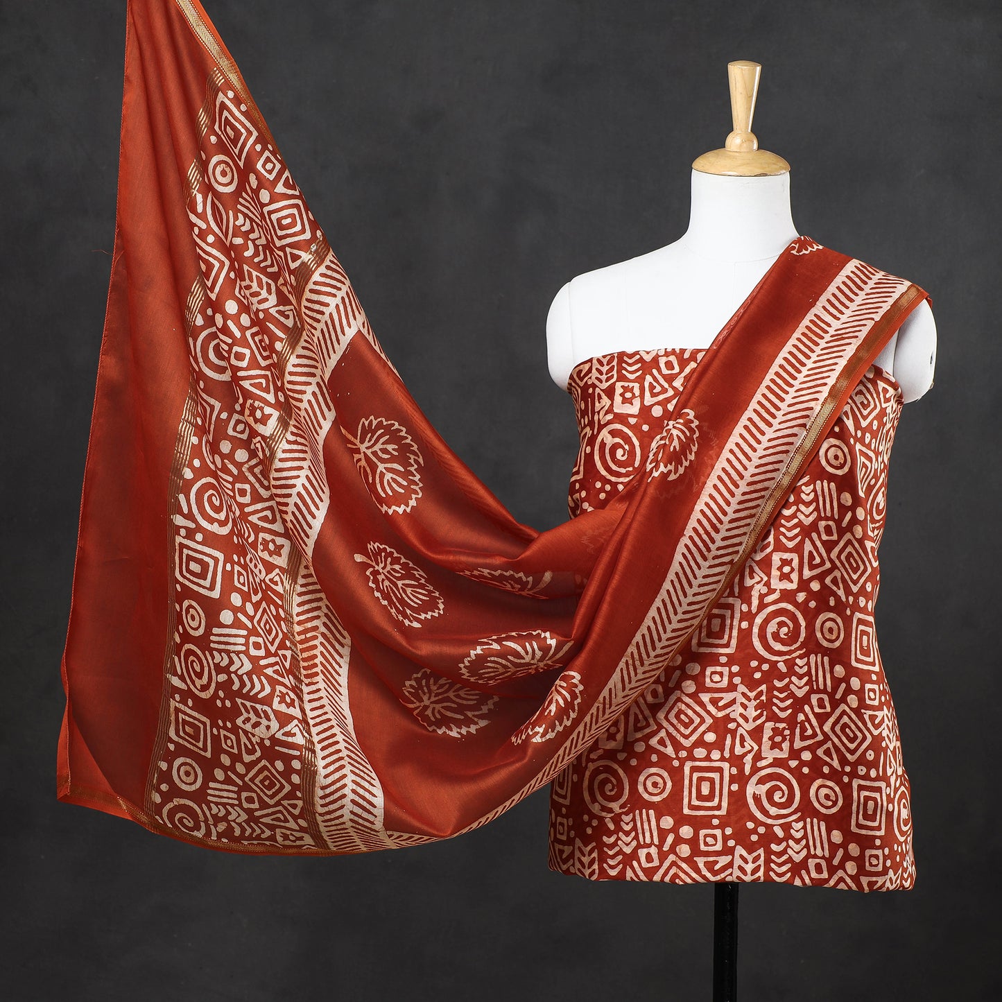 Orange - 3pc Hand Batik Printed Chanderi Silk Suit Material Set