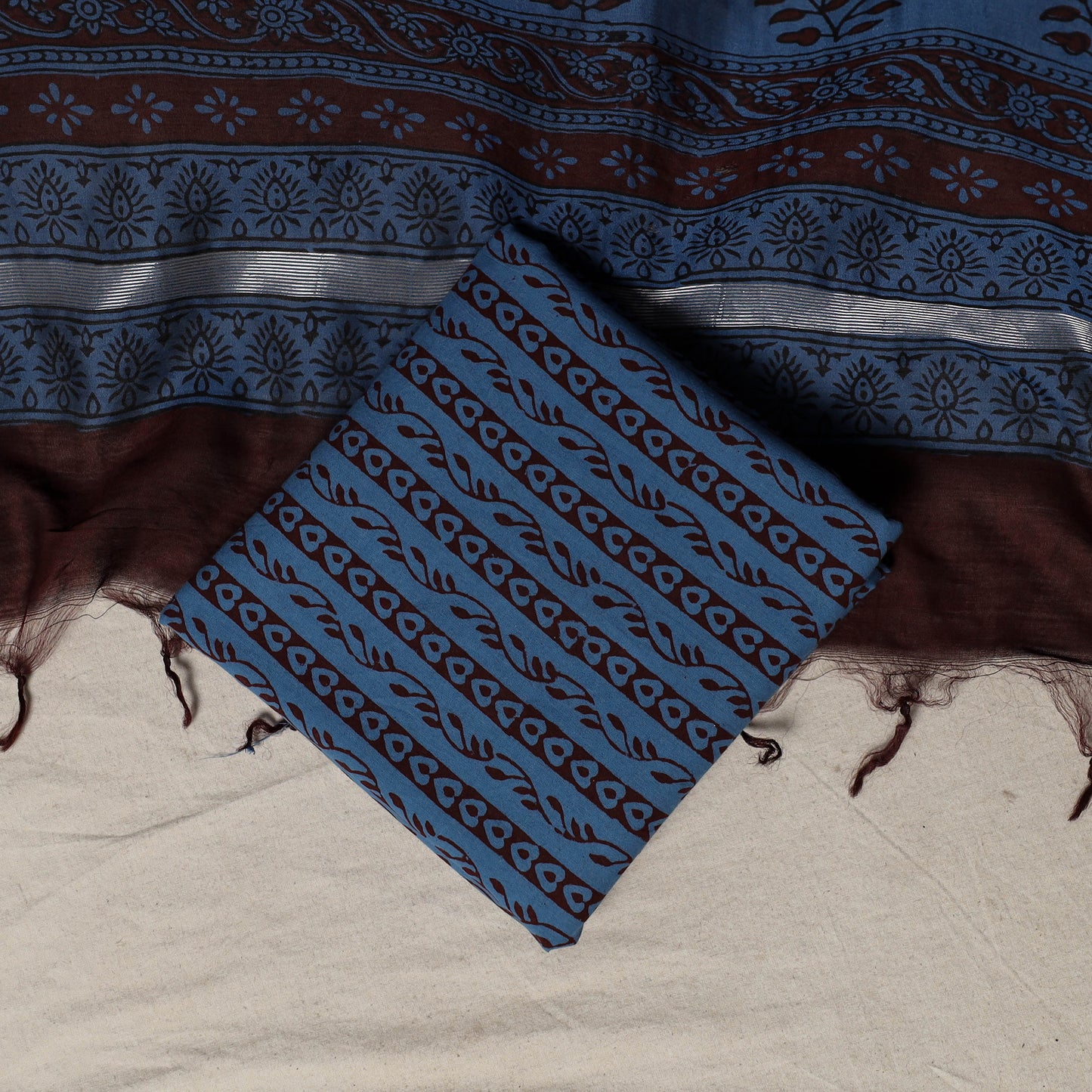 Bagh Hand Block Print Natural Dyed Chanderi Silk 3pc Unstitched Dress Material Suit Set 16