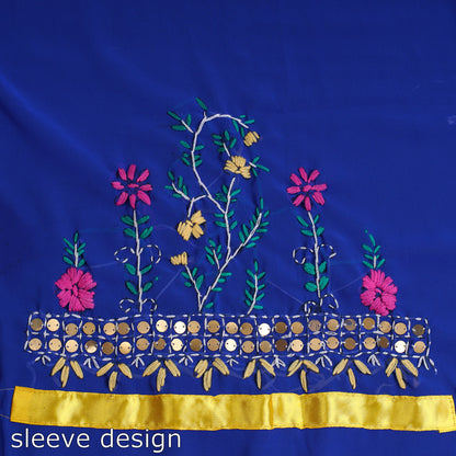 Blue - 3pc Phulkari Embroidery Chapa Work Georgette Suit Material Set 63