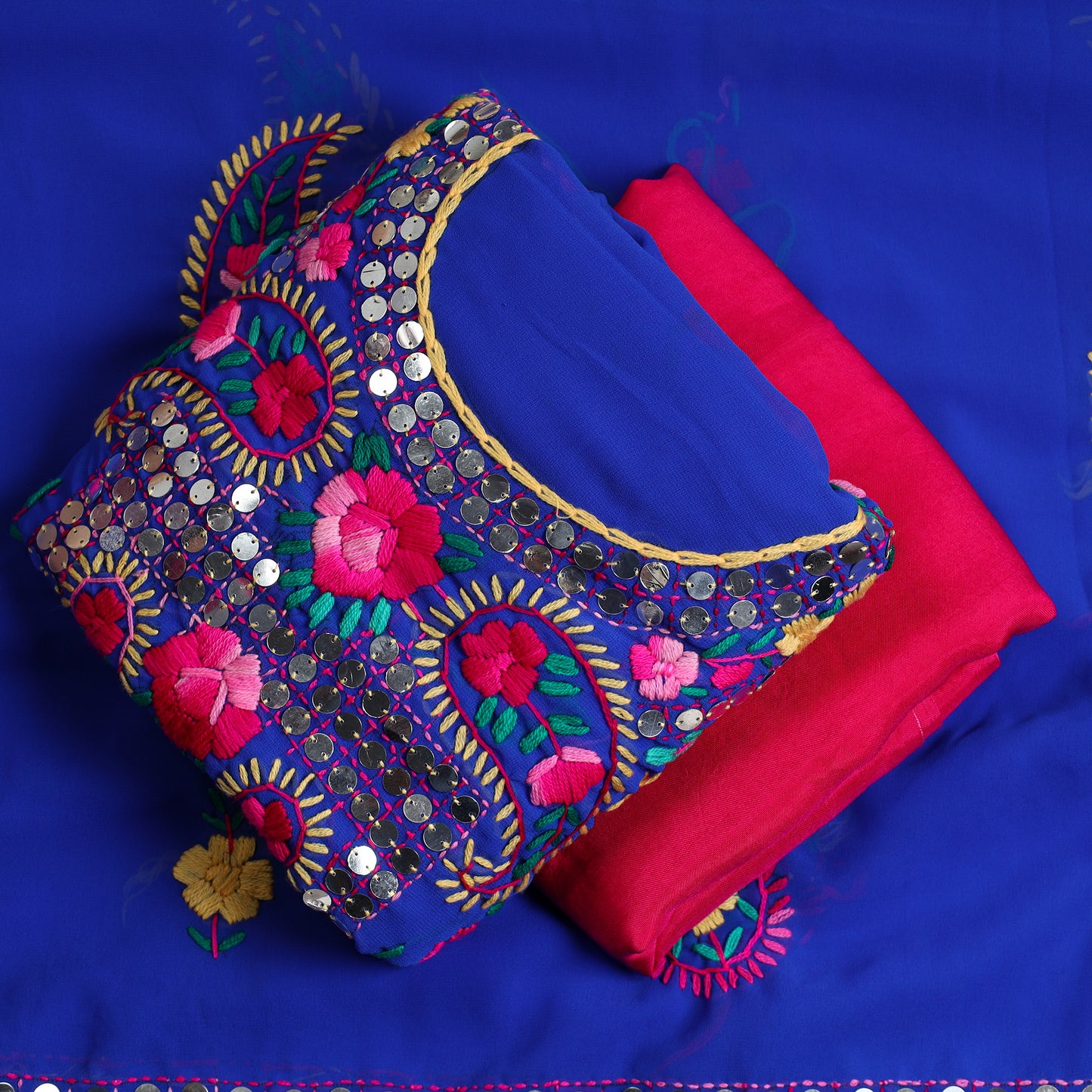 Blue - 3pc Phulkari Embroidery Chapa Work Georgette Suit Material Set 64